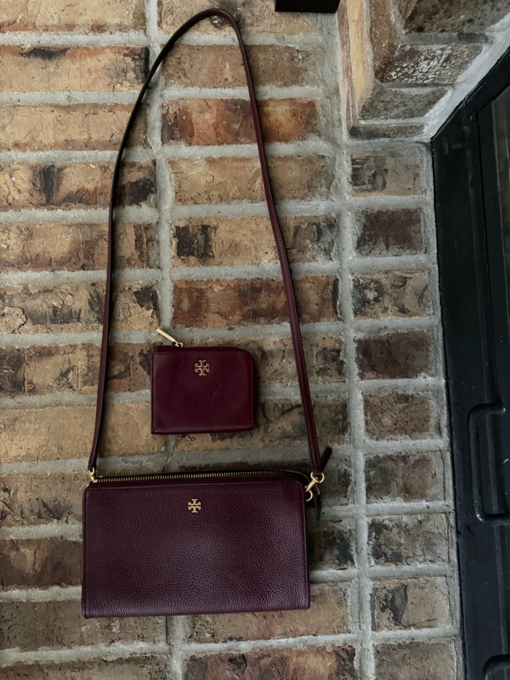 Tory Burch Burgundy Pebbled Leather Crossbody with Zip Wallet